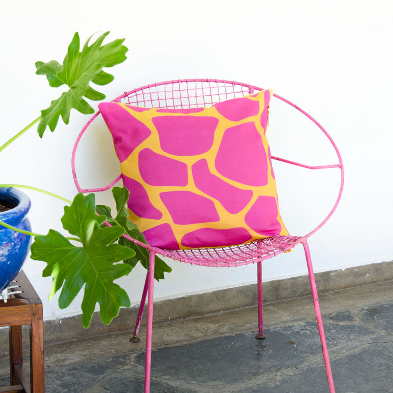 By John Designs yellow and pink African giraffe pattern scatter cushion with velvet