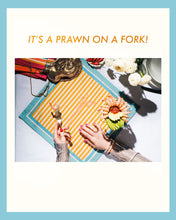 Load image into Gallery viewer, By John Designs Yellow pinstripe Napkin with prawn on a for and yellow border
